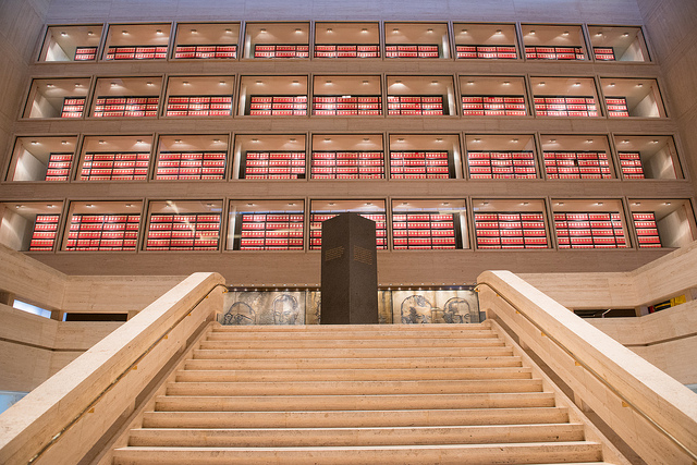 A view of the steps of the Great Hall at the LBJ Presidential Library